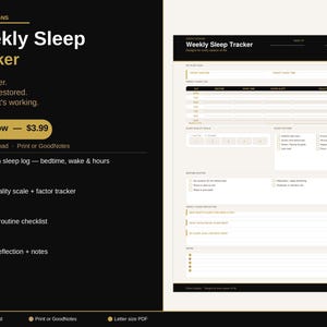 Può includere: Un modello digitale per il monitoraggio settimanale del sonno con uno schema di colori nero e crema. Il layout include sezioni per un registro giornaliero del sonno, una lista di controllo della routine serale, scala di qualità e note.