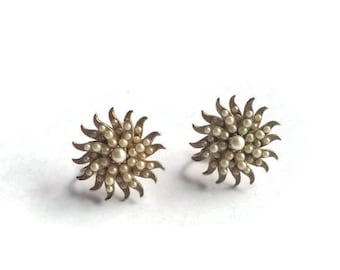 Vintage Accessocraft NYC Gold Starburst Seed Pearls Earrings