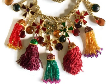 Vintage Oscar de la Renta Runway Couture Jewelled Star and Cross Medals with Silk and Bead Tassel Belt