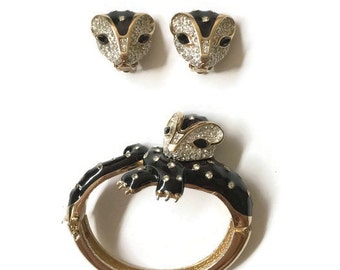 Vintage Panetta Black Jewelled Bobcat Bangle and Earrings Set