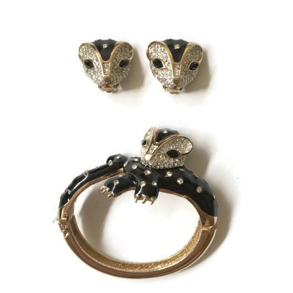 Vintage Panetta Black Jewelled Bobcat Bangle and Earrings Set