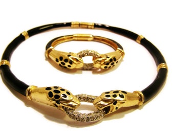 Vintage Donald Stannard Black Modern Leopard Collar and Bracelet Set