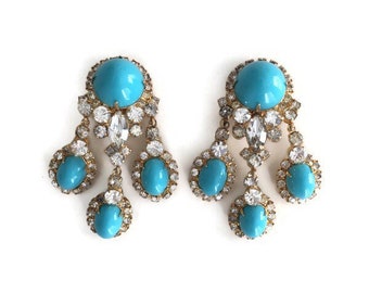 Kenneth Jay Lane K.J.L. Crystal Rhinestone with Turquoise Cabochon Pendant Earrings