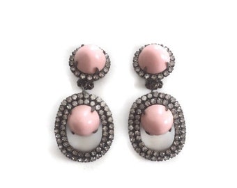 Kenneth Jay Lane K.J.L. Angelskin Coral Cabochon with Crystal Rhinestone Oval Loop Clip Earrings