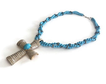 Alexis Kirk Pave Rhinestone Cross Pendant Turquoise Bead Necklace