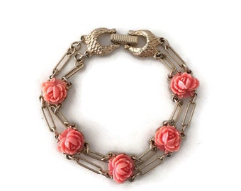 Goldette N.Y. Carved Coral Rose Delicate Chain Bracelet