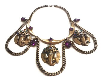 Joseff of Hollywood Jeweled Indian Elephant Festoon Necklace with Amethyst Rhinestone Drops