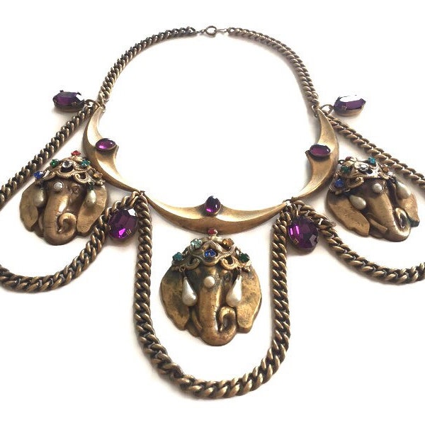 Joseff of Hollywood Jeweled Indian Elephant Festoon Necklace with Amethyst Rhinestone Drops