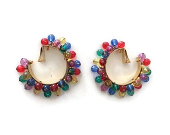 Ugo Correani for Gianni Versace Multicolored Cha-Cha Bead Hoop Clip Earrings