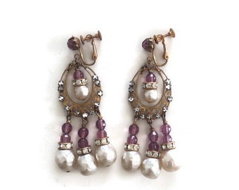 Miriam Haskell Purple Crystal and Baroque Pearl Drop Chandelier Earrings