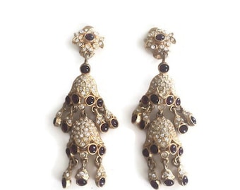 Kenneth Jay Lane K.J.L. Mughal Umbrella Amethyst Cabochon and Crystal Rhinestone Pendant Earrings