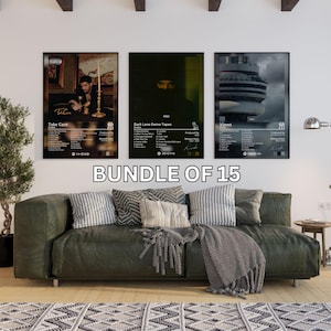 May include: A set of three rectangular wall posters featuring album artwork for Take Care, Dark Lane Demo Tapes, and Views by Drake, each displaying tracklists, release dates, and production credits, with the text BUNDLE OF 15 centered below.