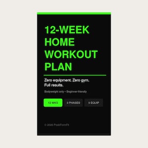 Może przedstawiać: Czarna grafika z tekstem "12-WEEK HOME WORKOUT PLAN" w jaskrawozielonym kolorze. Plan obiecuje pełne rezultaty bez sprzętu i jest przyjazny dla początkujących. Zawiera przycisk na 12 tygodni, 3 fazy i zero sprzętu.