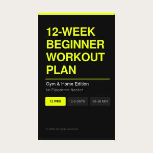 Könnte beinhalten: Eine schwarz-gelbe Grafik mit dem Text "12-WEEK BEGINNER WORKOUT PLAN". Sie enthält den Text "Gym & Home Edition" und "No Experience Needed". Die Grafik zeigt auch "12 WKS", "3-5 DAYS" und "45-60 MIN".