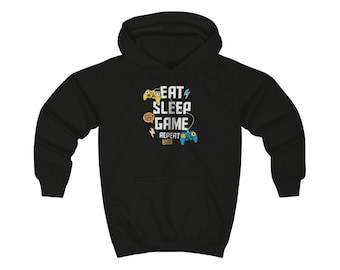 Eat Sleep Game Repeat Kids Hoodie | Video Game Controller Pixel Art