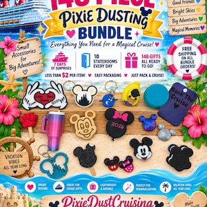 May include: A 148-piece Pixie Dusting Bundle featuring various cruise-themed accessories, including keychains, magnets, and small trinkets with Mickey Mouse motifs, displayed on a beach background with text detailing the bundle contents.