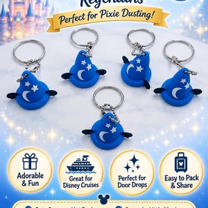 Puede incluir: Cinco llaveros de sombrero de mago azul con detalles de luna y estrellas blancas, cada uno unido a una anilla de metal plateado. El texto incluido es: Magical Wizard Hat Keychains, Small Gifts... Big Smiles!, Perfect for Pixie Dusting!, Adorable & Fun, Great for Disney Cruises, Perfect for Door Drops, Easy to Pack & Share, Cute Sorcerer Hat Design, Lightweight & Durable, Ready to Gift, Spread a Little Magic, Perfect for Kids & Adults, Makes Every Door Special!, Add a Touch of Disney Magic to Your Next Vacation!