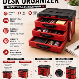 May include: A red and black 3-drawer desk organizer with a modular design. The unit features three sliding drawers with black handles and a black top lid. Text on the unit includes "Customized 3-Drawer Desk Organizer" and "Overall Dimensions 6" H x 9" W x 6.5" D".