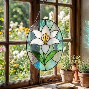 Elegant Lily Panel Stained Glass Pattern, floral window, oval suncatcher, PDF printable