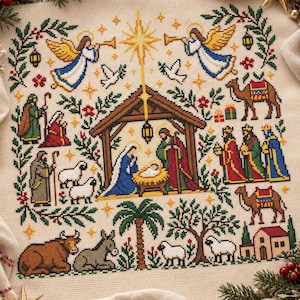 May include: A cross-stitch embroidery on beige fabric depicting a nativity scene. The design features a central stable with figures, a bright star, angels, shepherds, sheep, camels, and the three wise men, all surrounded by a decorative floral border.