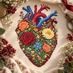 May include: A cross-stitch embroidery on beige fabric depicting an anatomical heart filled with vibrant flowers. The heart features red, blue, and dark red stitching, while the floral arrangement includes red, yellow, orange, and blue blossoms.