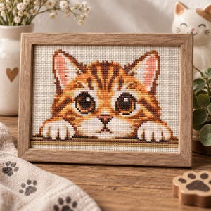 May include: A framed cross-stitch embroidery featuring a close-up of an orange tabby kitten with large dark eyes and white paws resting on a ledge. The kitten has striped fur, pink-tinted ears, and a small pink nose, all rendered in detailed stitches.