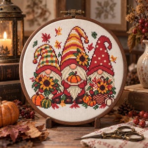Può includere: Un telaio da ricamo circolare in legno contenente un motivo a punto croce di tre gnomi. Gli gnomi indossano cappelli a quadri, a righe e a pois, decorati con girasoli e zucche nelle tonalità dell'arancione, del rosso e del verde.