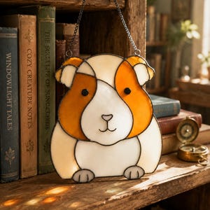 May include: A stained glass suncatcher shaped like a guinea pig with white and amber-colored glass panels. The piece features black glass eyes, a dark soldered outline for the nose and mouth, and two small grey glass feet at the bottom edge.