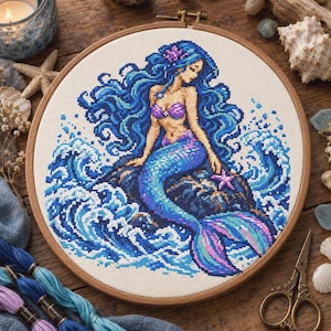 May include: A circular wooden embroidery hoop containing a cross-stitch pattern of a mermaid with long flowing blue hair, a purple seashell top, and a shimmering blue and purple tail, sitting on a dark rock surrounded by crashing ocean waves.