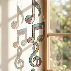 Vitral com notas musicais e clave de sol para decoração de sala de música (padrão digital)