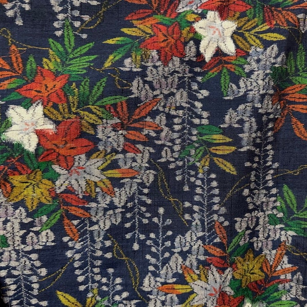 Vintage kimono - Tsumugi silk, Maple leaf and wisteria, Navy, Kasuri/Japanese IKAT, Japanese kimono dress
