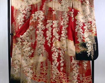 Vintage kimono - Furisode, Cherry blossom, willow, clouds and water flow, Japanese kimono dress