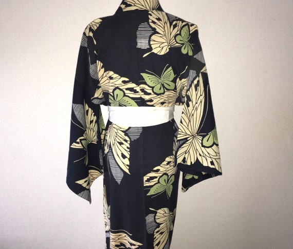 Vintage kimono - Swallowtail butterfly, Navy, Yuka
