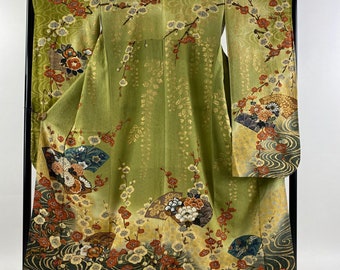 Vintage kimono - Flower and water flow, Matcha green, Japanese kimono dress