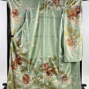 Vintage kimono - Furisode, Pine tree, bamboo, plum and suzu, Mint green, Japanese kimono dress