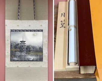 Vintage kakejiku-Japanese hanging scroll with wooden box, Moonlight, Hand painted, Japanese painting