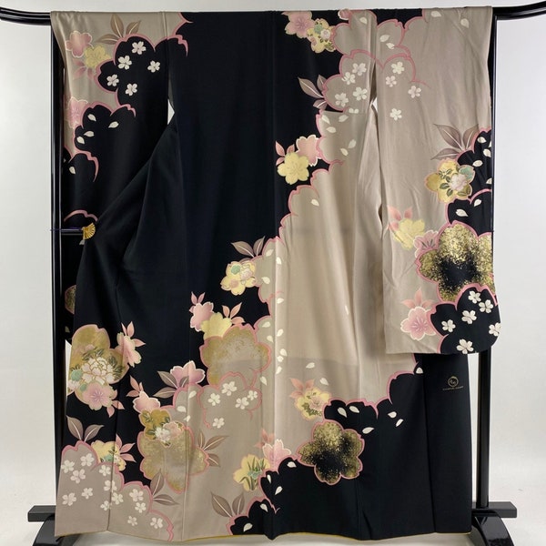 Vintage kimono - Furisode, Cherry blossom flower, Black and beige, Japanese kimono dress