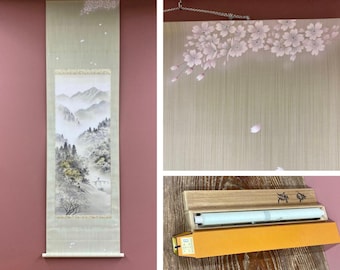 Vintage kakejiku-Japanese hanging scroll with wooden box, Spring haze, Hand painted, Japanese painting