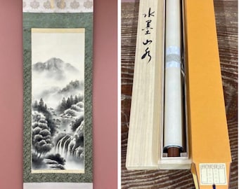 Vintage kakejiku-Japanese hanging scroll with wooden box, Rural landscape, Sumi-e/monochrome painting, Hand painted, Japanese painting