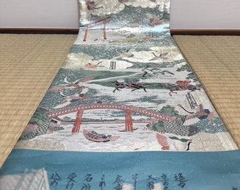 Vintage obi - Zentsu/100% patterned, Flying crane, Torii shrine gate, Bridge, Canoe, pine tree and men riding on horse, Nishijin, Fukuro obi