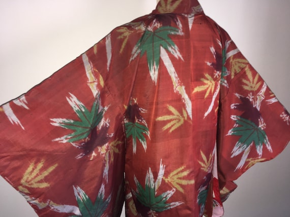 Antique haori - Meisen, Bamboo leaf, Brick red, Pr
