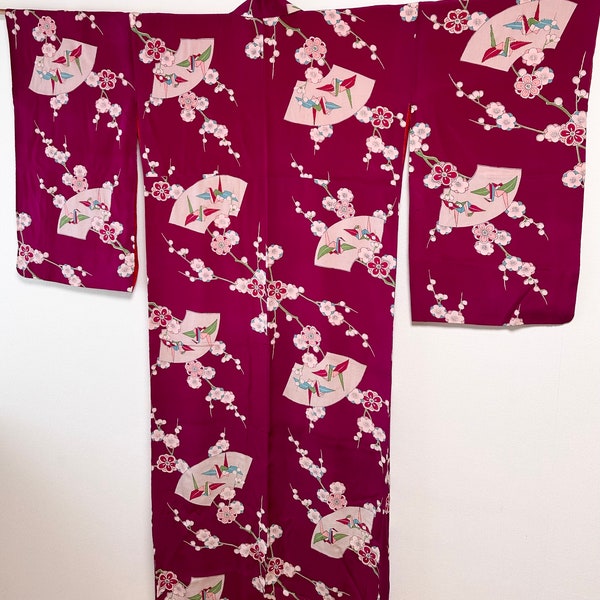 Antique kimono - Origami crane and plum flower, Kinsha silk, Deep magenta, Prewar