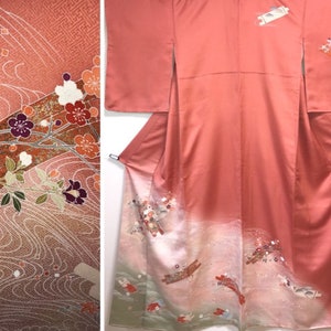 Vintage kimono - Hanaikada and water flow, Salmon pink gradation, Houmongi, Japanese kimono dress