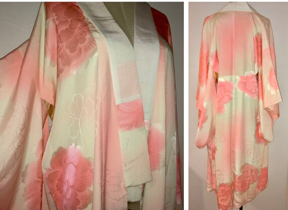 Vintage Nagajuban - Peony, Rinzu silk, 60s