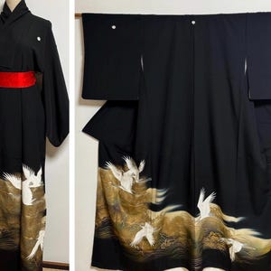 Vintage kimono - Flying crane, pine tree and sea wave, Yuzen, Embroidery, Five crests of paulownia, Black tomesode, Japanese kimono dress