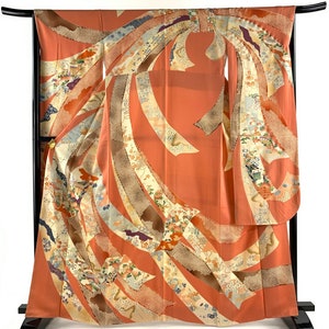 Vintage kimono - Furisode, Traditional noshi design, Salmon pink, Japanese kimono dress