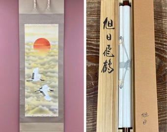 Vintage kakejiku-Japanese hanging scroll with wooden box, Pair of crane with rising sun, Hand painted, Japanese painting