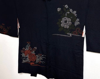 Vintage haori - Peony and chrysanthemum flower, Black, Urushi thread, Japanese haori