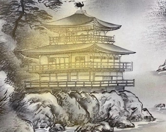 Vintage kakejiku-Japanese hanging scroll with wooden box, Golden pavilion, Hand painted, Japanese painting