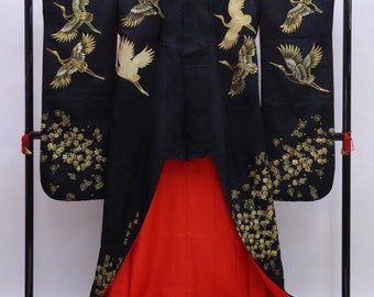 Vintage kimono - Uchikake, Flying crane and plum flower, Black, Hand dye, Gold foil, Gold mud, Wedding kimono, Japanese kimono dress